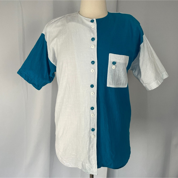 Casual Top Size Medium White Blue Colorblock Contrast Baseball Button Cotton - Picture 1 of 12
